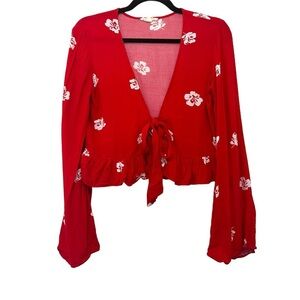 LA Hearts Red Bell Sleeve Front Tie Top